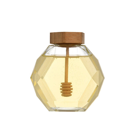 Diamond Hexagon Honey Glass Jar With Wood Dipper