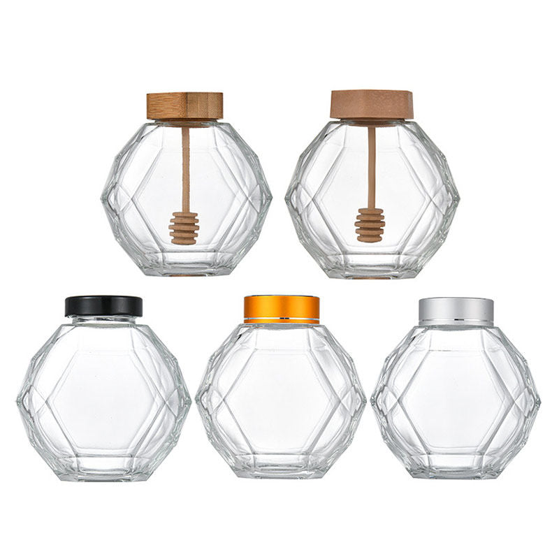 Diamond Hexagon Honey Glass Jar With Wood Dipper