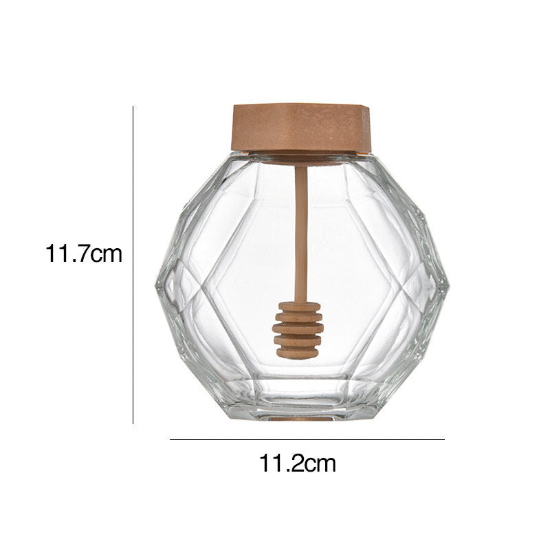 Diamond Hexagon Honey Glass Jar With Wood Dipper