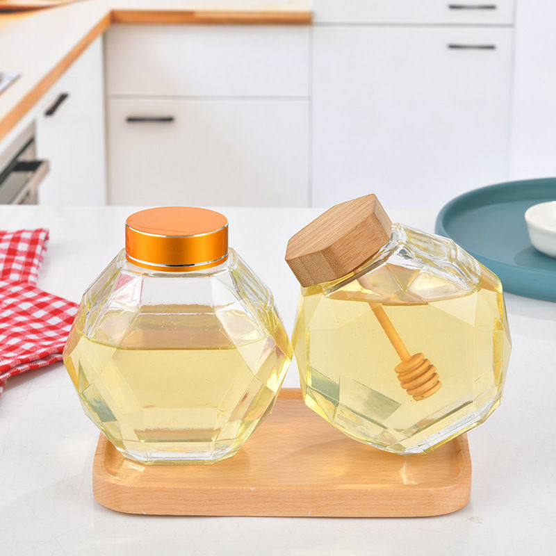 Diamond Hexagon Honey Glass Jar With Wood Dipper