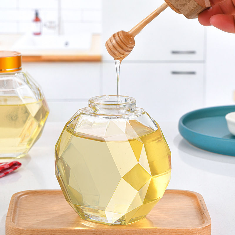 Diamond Hexagon Honey Glass Jar With Wood Dipper